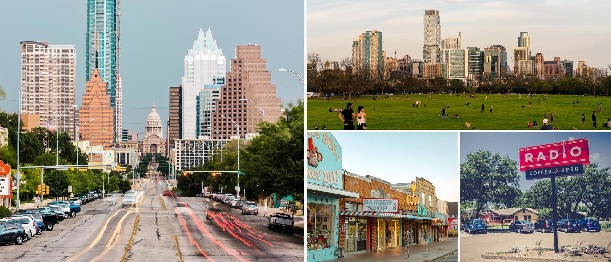 Collage of Austin: Congress Avenue leading up to the Capitol, the downtown skyline from Zilker Park, shopfronts on South Congress, and the Radio Coffee & Beer sign